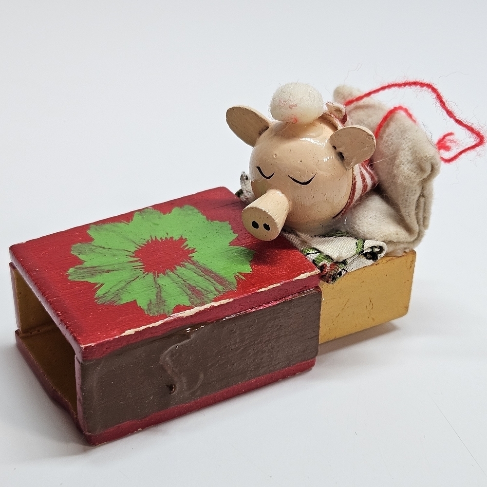 VINTAGE Sleeping Pig in Matchbox Bed Wood Wooden Christmas Ornament